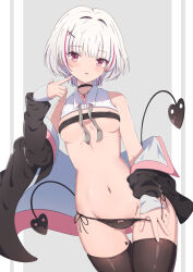 Rule 34 | 1girl, :o, asumi sena, bare shoulders, black choker, black jacket, black panties, black thighhighs, bow, bow panties, breasts, choker, commentary request, covered navel, demon tail, gluteal fold, grey background, hair intakes, hand up, highres, jacket, long sleeves, looking at viewer, medium breasts, multicolored hair, navel, off shoulder, open clothes, open jacket, panties, panty pull, parted lips, puffy long sleeves, puffy sleeves, purple eyes, purple hair, ribbon bra, side-tie panties, sleeves past wrists, solo, streaked hair, synn032, tail, thigh gap, thighhighs, two-tone background, underwear, virtual youtuber, vspo!, white background, white hair