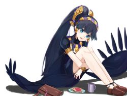 Rule 34 | 1girl, bag, black dress, black hair, blue eyes, blurry, blush, bread slice, cup, depth of field, dress, egyptian, eyeshadow, fang, food, hair ornament, hair tubes, hairband, jewelry, legs together, long hair, looking at viewer, makeup, necklace, nephthys (p&amp;d), open clothes, open mouth, plate, ponytail, puffy short sleeves, puffy sleeves, puzzle &amp; dragons, shadow, short sleeves, sidelocks, simple background, sitting, smile, solo, toast, very long hair, white background, yuki (nanao yuki)