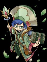 Rule 34 | 1boy, backpack, bag, blue hair, book, brown bag, collared shirt, falling leaves, full body, gate of nightmares, glasses, green eyes, green hat, green jacket, green necktie, green pants, green shirt, hat, highres, holding, holding book, holding staff, jacket, leaf, looking at viewer, mashima hiro, necktie, official art, open clothes, open jacket, pants, rectangular eyewear, shirt, shoes, short hair, shoulder bag, simple background, solo, staff, tom casa (gate of nightmares), transparent background