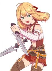 Rule 34 | 1girl, black thighhighs, blonde hair, choker, detached sleeves, fiora (xenoblade), green eyes, hair ribbon, holding, holding weapon, knife, long hair, looking at viewer, midriff, open mouth, ribbon, seigetsu kotaku, simple background, skirt, solo, thighhighs, weapon, white background, xenoblade chronicles (series), xenoblade chronicles 1