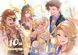 Rule 34 | 2boys, 3girls, anniversary, beard, black hair, black shirt, blonde hair, blue shirt, brown hair, closed eyes, closed mouth, dress, earrings, eugen (granblue fantasy), eyepatch, facial hair, flower, granblue fantasy, hair flower, hair ornament, io (granblue fantasy), jacket, jewelry, katalina (granblue fantasy), long hair, looking at viewer, minaba hideo, multiple boys, multiple girls, mustache, necklace, official art, one eye closed, one eye covered, open clothes, open jacket, open mouth, purple dress, purple flower, purple rose, rackam (granblue fantasy), rose, rosetta (granblue fantasy), shirt, short hair, smile, white dress, white jacket