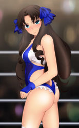 Rule 34 | 1girl, absurdres, aqua eyes, ass, bare legs, bare shoulders, black hair, blue leotard, blush, boxing ring, breasts, butt crack, cosplay, drill hair, embarrassed, fate/stay night, fate (series), frilled leotard, frills, from side, hair ornament, highres, legs, leotard, long hair, looking at viewer, looking back, luviagelita edelfelt (cosplay), shiny skin, sideboob, solo, standing, thighhighs, thighs, tohsaka rin, yadokari genpachirou