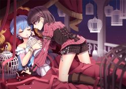Rule 34 | 2girls, bed, blue hair, boots, brown hair, cage, earrings, closed eyes, hair ornament, hairclip, jewelry, multiple girls, original, red eyes, saban, short hair, shorts