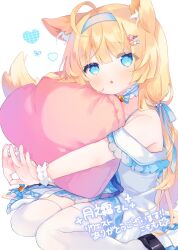 Rule 34 | 1girl, :o, ahoge, animal ear fluff, animal ears, bare shoulders, bell, black footwear, blonde hair, blue dress, blue eyes, blue hairband, blush, choker, commission, dress, frills, hair ornament, hairband, hairclip, heart, heart-shaped pillow, highres, hugging object, indie virtual youtuber, jingle bell, komomo (2899), long hair, looking at viewer, off-shoulder dress, off shoulder, parted lips, pillow, pillow hug, shoes, signature, simple background, sitting, skeb commission, solo, tail, thighhighs, tsukino shimo, very long hair, wariza, white background, white dress, white thighhighs, wrist cuffs