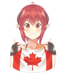Rule 34 | 1girl, absurdres, aceofbros, ahoge, black gloves, blush, bra strap, brown eyes, canadian flag, collarbone, fingerless gloves, flag, freckles, gloves, grin, heart, heart ahoge, highres, holding, holding flag, looking at viewer, original, parted lips, pointy ears, red hair, short hair, sidelocks, simple background, smile, solo, teeth, white background