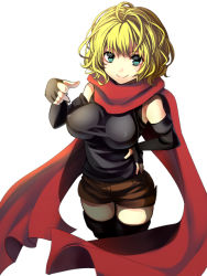 Rule 34 | 1girl, aqua eyes, bad id, bad pixiv id, blonde hair, boots, breasts, elbow gloves, fingerless gloves, gloves, impossible clothes, impossible shirt, original, red scarf, scarf, shirt, short shorts, shorts, simple background, smile, solo, taut clothes, taut shirt, thigh boots, thighhighs, yui tooru, zettai ryouiki