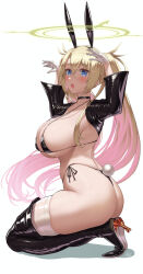 Rule 34 | 1girl, :o, animal ears, ass, back, bikini, black bikini, black choker, black footwear, black jacket, blonde hair, blue eyes, blush, boots, bradamante (fate), breasts, choker, collarbone, crossed bangs, fake animal ears, fake tail, fate/grand order, fate (series), from side, full body, gloves, halo, hands up, high heel boots, high heels, highleg, highleg bikini, highres, huge ass, huge breasts, jacket, kneeling, long hair, long sleeves, looking at viewer, looking to the side, meme attire, micro bikini, open mouth, rabbit ears, rabbit pose, rabbit tail, reverse bunnysuit, reverse outfit, shrug (clothing), side-tie bikini bottom, sideboob, signature, simple background, skindentation, solo, swimsuit, tail, thick thighs, thigh boots, thighhighs, thighhighs under boots, thighs, twintails, underboob, uo denim, white background, white gloves, white thighhighs, wide hips