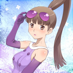 Rule 34 | 10s, 1girl, aquarion (series), aquarion evol, bare shoulders, beech, brown eyes, brown hair, elbow gloves, extra, glasses, gloves, meow (nekodenki), ponytail, solo