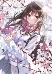 Rule 34 | 1girl, :o, backpack, bag, blurry, blurry foreground, blush, bow, bowtie, brown hair, commentary, cowboy shot, crossed bangs, flower, grey skirt, hair over shoulder, highres, holding, holding bag, holding umbrella, long hair, long sleeves, looking at viewer, original, outdoors, parted lips, pink eyes, pink scarf, plaid, plaid scarf, pleated skirt, red bow, scarf, shirt, sidelocks, skirt, solo, standing, sweater, symbol-only commentary, transparent, transparent umbrella, tree, umbrella, white flower, white shirt, white sweater, yatomi