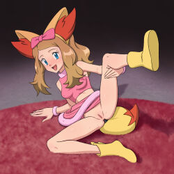 Rule 34 | 1girl, :d, anal tail, blonde hair, blue eyes, blush, boots, bow, breasts, butt plug, censored, clothes lift, commentary request, cosplay, creatures (company), eyelashes, fake tail, fennekin (cosplay), full body, game freak, hair bow, highres, holding own leg, knees, long hair, looking at viewer, miraa (chikurin), mosaic censoring, nintendo, no panties, open mouth, pink bow, pink shirt, pink skirt, pokemon, pokemon (anime), pokemon ears, pokemon tail, pokemon xy (anime), pussy, rug, serena (pokemon), sex toy, shirt, skirt, skirt lift, sleeveless, sleeveless shirt, smile, solo, spread legs, tail, tongue, yellow footwear