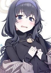 Rule 34 | 1girl, absurdres, black hair, black shirt, blue archive, blue eyes, blue hairband, breasts, brown cardigan, cardigan, commentary, hairband, halo, highres, jewelry, long hair, long sleeves, looking at viewer, makicha (sasurainopink), making-of available, necklace, open mouth, shirt, simple background, small breasts, solo, turtleneck, ui (blue archive), white background, yellow halo