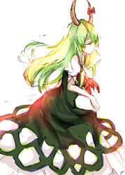 Rule 34 | 1girl, bloom, bow, curtsey, dress, ex-keine, closed eyes, from side, green dress, green hair, highres, horn bow, horns, kagari6496, kamishirasawa keine, long hair, red bow, simple background, sketch, solo, touhou, very long hair, white background