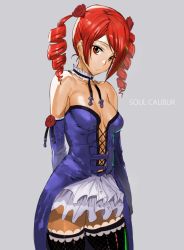 Rule 34 | 1girl, amy sorel, ashiomi masato, bare shoulders, breasts, choker, closed mouth, dress, drill hair, flower, gothic lolita, lolita fashion, looking at viewer, medium hair, red hair, rose, short twintails, simple background, skirt, solo, soul calibur, soulcalibur, soulcalibur vi, thighhighs, twin drills, twintails