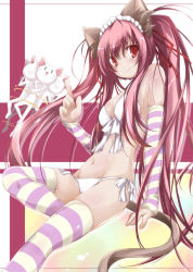 Rule 34 | 1girl, animal ears, bad id, bad pixiv id, bikini, breasts, cat, cat ears, cat girl, cat tail, long hair, looking at viewer, maid headdress, medium breasts, original, pink hair, red eyes, side-tie bikini bottom, smile, solo, striped clothes, striped thighhighs, swimsuit, tail, thighhighs, twintails, very long hair, white bikini, yumesato makura