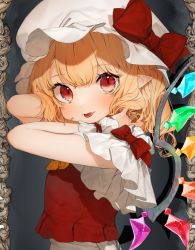 Rule 34 | 1girl, :p, ascot, blonde hair, bow, commentary, crystal, flandre scarlet, gotou (nekocat), grey background, hands in hair, hat, hat bow, looking at viewer, mob cap, pointy ears, red bow, red eyes, red vest, shirt, short hair, short sleeves, solo, symbol-only commentary, tongue, tongue out, touhou, upper body, vest, white hat, white shirt, wings, yellow ascot