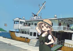 Rule 34 | 156m, 1girl, arm up, blue eyes, blue sky, blush, boat, brown hair, bug, butterfly, camera, camera around neck, dress, green dress, hair between eyes, hand up, hat, highres, insect, long hair, ocean, open mouth, original, outdoors, short sleeves, sky, smile, solo, standing, sun hat, water, watercraft