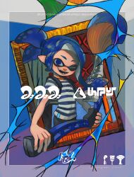 Rule 34 | 1girl, artist name, blue eyes, blue hair, blue shirt, commentary request, copyright name, highres, holding, holding weapon, ink tank (splatoon), inkbrush (splatoon), inkling, inkling (language), inkling girl, inkling player character, long hair, looking at viewer, multicolored background, nintendo, octobrush (splatoon), one eye closed, open mouth, outside border, painbrush (splatoon), pointy ears, ponytail, portrait (object), shirt, smile, solo, splatoon (series), splatoon 3, striped clothes, striped shirt, teeth, tentacle hair, totocosakana, twitter username, two-tone shirt, weapon, white shirt