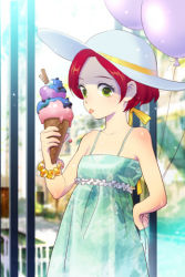 Rule 34 | aged down, artist request, balloon, bare shoulders, bracelet, clenched hand, collarbone, dress, food, green eyes, hair ribbon, hand on own hip, hat, holding, ice cream, jaina preventer, jewelry, lowres, parted bangs, red hair, ribbon, short hair, solo, sword girls, tongue, tongue out