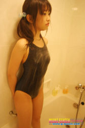Rule 34 | 1girl, arms behind back, asian, bathroom, bathtub, black one-piece swimsuit, g-queen, hair ornament, japanese (nationality), long hair, one-piece swimsuit, photo (medium), real life, shower, silk, solo, spider web, standing, swimsuit, watermark, web address, wet, yabuki sayaka