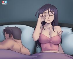 Rule 34 | 1boy, 1girl, artist name, bed, black hair, breasts, cleavage, closed eyes, collarbone, commentary, english commentary, large breasts, lips, long hair, nortuet, original, pillow, pink tank top, raised eyebrow, rubbing eyes, sleeping, spaghetti strap, strap slip, tank top, waking up
