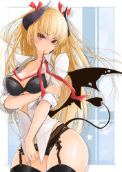 Rule 34 | 1girl, bat wings, black bow, black bra, black panties, black thighhighs, blonde hair, blush, border, bow, bra, breasts, cleavage, collared shirt, contrapposto, cowboy shot, demon girl, demon horns, demon tail, demon wings, eyebrows, eyelashes, fingernails, garter belt, hair ribbon, hand on own arm, head tilt, highres, holding own arm, horns, lace, large breasts, lips, looking at viewer, maru-pen, mouth hold, neck ribbon, no pants, open clothes, open shirt, original, outside border, panties, purple eyes, red ribbon, ribbon, ribbon in mouth, sharp fingernails, shirt, sleeves rolled up, solo, standing, tail, thighhighs, two side up, underwear, untied, white border, white shirt, wings