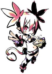 Rule 34 | 1girl, belt, black footwear, black gloves, black skirt, boots, bowl, chopsticks, collar, demon girl, demon tail, disgaea, earrings, eating, egg (food), etna (disgaea), flat chest, food, full body, gloves, hair between eyes, harada takehito, highres, holding, holding bowl, holding chopsticks, jewelry, looking at viewer, miniskirt, navel, noodles, pointy ears, red eyes, red hair, short twintails, simple background, sketch, skirt, skull earrings, solo, strapless, symbol-only commentary, tail, tube top, twintails, udon, white background
