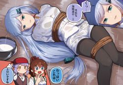 Rule 34 | 3girls, aqua eyes, aqua ribbon, arm behind head, arm up, arms behind back, bandana, black legwear, blue eyes, blush, bound, bound legs, bound torso, bow, breasts, brown hair, brown vest, buttons, chibi, chibi inset, collared shirt, commentary request, epaulettes, feet out of frame, frown, hair between eyes, hair bow, hair ribbon, hand up, hat, unworn hat, unworn headwear, high ponytail, idolmaster, idolmaster million live!, idolmaster million live! theater days, jacket, kamille (vcx68), knees together feet apart, pantyhose under shorts, long hair, long sleeves, looking at viewer, low-tied long hair, lying, makabe mizuki, medium breasts, military, military uniform, multiple girls, naval uniform, no mouth, no pupils, off-shoulder shirt, off shoulder, on back, on floor, open mouth, outdoors, pantyhose, peaked cap, pirate hat, ponytail, purple hair, rain, red bandana, red bow, ribbon, rope, satake minako, see-through, shiraishi tsumugi, shirt, short hair, shorts, silver hair, sparkle, speech bubble, translation request, uniform, very long hair, vest, water drop, wet, wet clothes, wet floor, wet hair, white headwear, white jacket, white shirt, white shorts, wooden floor, yellow eyes