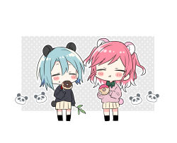 2girls :t animal_ears bamboo black_sweater blue_hair border bow bowtie branch chibi chibi_only chocolate_donut closed_eyes closed_mouth colored_tips commentary_request donut double-parted_bangs doushitara_osananajimi_no_kanojo_ni_naremasu_ka!? eating fang food food_on_face green_bow green_bowtie grey_background hair_between_eyes highres holding holding_branch holding_donut holding_food kamiya_nanase long_sleeves makita_yuzu medium_hair multicolored_hair multiple_girls outside_border panda panda_ears panda_tail pink_donut pink_hair pink_sweater pleated_skirt polka_dot polka_dot_background red_bow red_bowtie school_uniform short_hair skin_fang skirt sleeves_past_wrists sprinkles standing sweater swept_bangs white_border white_hair yasaka_syu yellow_skirt