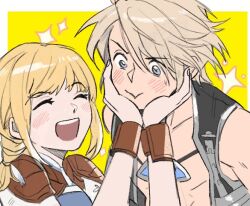 Rule 34 | 1boy, 1girl, blonde hair, blue eyes, blush, closed eyes, closed mouth, embarrassed, final fantasy, final fantasy xii, garbage paper, hands on another&#039;s face, happy, korean commentary, open clothes, open mouth, open shirt, penelo, smile, sparkle, squishing, teeth, upper teeth only, vaan (ff12), wrist cuffs, yellow background