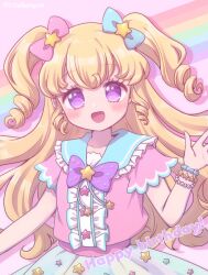 Rule 34 | 1girl, :d, blonde hair, blue sailor collar, blush, bow, bracelet, center frills, commentary request, cowboy shot, drop shadow, frilled shirt collar, frills, hair bow, hand up, happy birthday, idol clothes, idol time pripara, jewelry, long hair, looking at viewer, open hand, open mouth, pink bow, pink shirt, pretty series, pripara, purple bow, purple eyes, rainbow, ringlets, sailor collar, shirt, short sleeves, smile, solo, standing, star (symbol), tabana, two side up, yumekawa yui