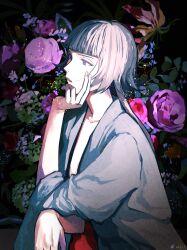Rule 34 | 1girl, absurdres, black hair, bleach, blunt bangs, dark background, dated, elbow rest, floral background, flower, from side, head rest, highres, japanese clothes, jou (jo jjo), long hair, open mouth, pink flower, purple eyes, purple flower, signature, simple background, solo, sui-feng, twintails, wide sleeves