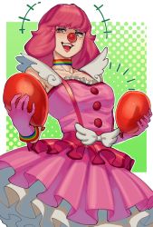 Rule 34 | 1girl, absurdres, ace attorney, balloon, barley juice, clown, clown girl, clown nose, collar, collarbone, dress, geiru toneido, highres, looking at viewer, multicolored clothes, open mouth, phoenix wright: ace attorney - spirit of justice, pink dress, pink hair, short hair, smile, solo, spoilers, suspenders