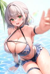 Rule 34 | 1girl, absurdres, alternate costume, arm support, armpits, bikini, blue skirt, blurry, braid, breast strap, breasts, cleavage, commentary request, depth of field, double-parted bangs, fanged bangs, french braid, front-tie bikini top, front-tie top, green eyes, grey hair, tucking hair, halterneck, highres, holika baby, hololive, large breasts, lens flare, looking at viewer, medium hair, navel, open mouth, outstretched arm, parted hair, pleated skirt, shirogane noel, shirogane noel (summer 2020), skirt, smile, solo, swimsuit, two-tone bikini, virtual youtuber, wavy hair