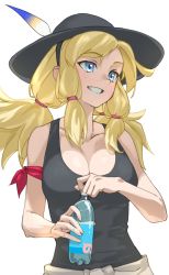 Rule 34 | 1girl, absurdres, armband, bare shoulders, black headwear, black tank top, blonde hair, blue eyes, body freckles, bottle, breasts, calenda (kemono friends), cleavage, collarbone, commentary, freckles, hat feather, highres, kemono friends, large breasts, long hair, looking away, looking to the side, low twintails, parted lips, plastic bottle, simple background, smile, solo, tanabe (fueisei), tank top, twintails, upper body, water bottle, white background