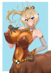 Rule 34 | 1girl, absurdres, animal ears, arcanadea, armored gloves, armpits, bare shoulders, black gloves, black ribbon, blonde hair, blue background, blue eyes, blush, bodysuit, border, breasts, brown bodysuit, centaur, cleavage, closed mouth, collarbone, commentary request, covered erect nipples, covered navel, cowboy shot, detached sleeves, elena (arcanadea), floating hair, gloves, gold belt, grey sleeves, hair between eyes, hair ribbon, hand on own chest, highres, horse ears, impossible bodysuit, impossible clothes, large breasts, long hair, looking at viewer, monster girl, nasubi atmark, partial commentary, ponytail, ribbon, see-through, see-through cleavage, sidelocks, single detached sleeve, skindentation, sleeveless, sleeveless bodysuit, smile, solo, standing, taur, white border, wristlet