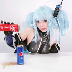 Rule 34 | 1girl, :d, ahoge, black gloves, blue hair, breast rest, breasts, bright pupils, can, choker, coca-cola, cosplay, cosplay photo, covered collarbone, drink can, girls&#039; frontline, gloves, grey eyes, highres, licking lips, light blue hair, looking at viewer, open mouth, pa-15 (girls&#039; frontline), parted lips, pepsi, photo (medium), real life, shiny clothes, short twintails, sidelocks, small breasts, smile, soda, soda can, solo, spilling, tight clothes, tongue, tongue out, twintails, upper body