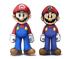 Rule 34 | 2boys, blue eyes, blue overalls, boots, brown footwear, brown hair, clenched hands, dual persona, facial hair, gloves, highres, looking at viewer, mario, mario &amp; luigi rpg, mario (series), masanori sato (style), multiple boys, mustache, nintendo, overalls, red headwear, red shirt, shirt, short hair, simple background, standing, white background, white gloves, ya mari 6363