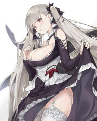 Rule 34 | 1girl, :d, azur lane, bare shoulders, between breasts, bkko, black dress, black nails, blush, breasts, cleavage, dress, earrings, flight deck, formidable (azur lane), frilled dress, frills, garter straps, grey hair, hair ornament, hair ribbon, highres, jewelry, large breasts, long hair, long sleeves, looking at viewer, nail polish, open mouth, red eyes, ribbon, simple background, skindentation, skirt hold, smile, solo, thighhighs, thighs, twintails, white background, white thighhighs