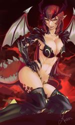 Rule 34 | 1girl, alternate costume, armor, bikini armor, black gloves, boots, breasts, cleavage, commission, dragon girl, dragon tail, dragon wings, fantasy, gloves, greaves, hand on ground, hand on own hip, high heel boots, high heels, highres, kuroi enpitsu, long hair, looking down, medium breasts, metal gloves, midriff, navel, open mouth, pointy ears, sharp teeth, signature, solo, tail, teeth, thigh boots, thighhighs, virtual youtuber, vshojo, wings, yellow eyes, zentreya (dragon), zentreya