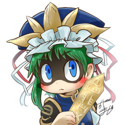 Rule 34 | 1girl, asymmetrical hair, profile picture, blue eyes, blush stickers, bow, chamaji, commentary request, epaulettes, green hair, hat, hat ribbon, holding, long sleeves, looking at viewer, lowres, ribbon, ribbon trim, rod of remorse, shaded face, shiki eiki, short hair, signature, solo, touhou, upper body, vest