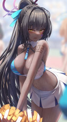 Rule 34 | 1girl, alternate costume, arm tattoo, bangs, bent over, black hair, blue archive, blue ribbon, blush, breasts, cheerleader, cleavage, commentary request, cosplay, dark-skinned female, dark skin, facial tattoo, hair between eyes, hair ribbon, halo, hibiki (blue archive), hibiki (blue archive) (cosplay), hibiki (cheerleader) (blue archive), highres, holding, holding pom poms, karin (blue archive), large breasts, long hair, looking at viewer, midriff, navel, number tattoo, pleated skirt, pom pom (cheerleading), pom poms, ponytail, ribbon, sidelocks, silver bullet (ecc12 8), skirt, sleeveless, solo, star (symbol), sticker on face, stomach, sweat, tattoo, yellow eyes