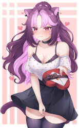 Rule 34 | 1girl, absurdres, animal print, black bra, black choker, black skirt, black thighhighs, blush, box, bra, breasts, choker, closed mouth, collarbone, earrings, heart, heart-shaped box, heart print, highres, holding, holding box, indie virtual youtuber, jewelry, letter, long hair, mole, mole on breast, mole on thigh, mole under mouth, multicolored hair, off-shoulder shirt, off shoulder, panther ears, panther girl, panther tail, pink nails, purple eyes, purple hair, purple tail, rabbit print, shironagase, shirt, shura hiwa, skirt, solo, thighhighs, two-tone hair, underwear, virtual youtuber