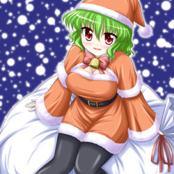 Rule 34 | 1girl, bag, bell, bococho, breasts, christmas, cleavage, curvy, female focus, from above, green hair, kazami yuuka, large breasts, looking at viewer, pantyhose, red eyes, santa costume, sitting, slit pupils, smile, solo, touhou
