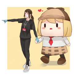 Rule 34 | 2girls, absurdres, black pants, black shirt, blonde hair, blush stickers, brown eyes, brown footwear, brown hair, brown skirt, chibi, commentary, deerstalker, english commentary, gloves, hand grab, hat, heart, highres, hololive, hololive english, layered sleeves, long sleeves, mascot costume, mask, mouth mask, multiple girls, pants, ponytail, real life, shirt, shoes, short over long sleeves, short sleeves, skirt, smol ame, sneakers, staff girl, tanukidraws, two-tone background, virtual youtuber, walking, watson amelia, white background, white shirt, yellow background