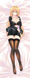 Rule 34 | 10s, 1girl, absurdres, black bra, black panties, blonde hair, blush, bra, breasts, brown thighhighs, business suit, cleavage, clothes lift, collarbone, dakimakura (medium), embarrassed, female focus, floral print, formal, glasses, green eyes, hair intakes, hand on own chest, highres, knees together feet apart, large breasts, legs, lingerie, long hair, looking at viewer, lying, on back, open clothes, open shirt, panties, shirt, skirt, skirt lift, solo, suit, sweatdrop, tearju lunatique, thigh gap, thighhighs, to love-ru, to love-ru darkness, underwear, uniform, zettai ryouiki