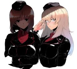 Rule 34 | 10s, 2girls, black eyes, black hat, black jacket, blonde hair, blue eyes, breast hold, breasts, brown hair, closed mouth, commentary request, crossed arms, dark persona, dress shirt, emblem, empty eyes, garrison cap, girls und panzer, hat, itsumi erika, jacket, kuromorimine military uniform, light frown, long hair, long sleeves, looking at viewer, medium breasts, military, military hat, military uniform, mityubi, multiple girls, nishizumi miho, red shirt, salute, shaded face, shirt, short hair, side-by-side, simple background, uniform, upper body, white background, wing collar