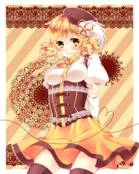Rule 34 | 10s, 1girl, arms behind back, bad id, bad pixiv id, beret, blonde hair, blush, corset, drill hair, embellished costume, hair ornament, hat, heart, heart of string, lace, magical girl, mahou shoujo madoka magica, mahou shoujo madoka magica (anime), skirt, smile, solo, striped background, striped clothes, striped thighhighs, tayashigu (suisyounohosizora), thighhighs, tomoe mami, twin drills, twintails, vertical-striped clothes, vertical-striped thighhighs, yellow eyes, zettai ryouiki