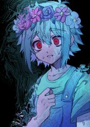 Rule 34 | 1boy, absurdres, azen (mntimcczgrtn), basil (headspace) (omori), basil (omori), clenched hand, clenched teeth, collarbone, constricted pupils, dissolving, eyebrows, flower wreath, hand on own chest, head wreath, highres, looking ahead, male focus, omori, overalls, red eyes, shirt, short hair, short sleeves, sidelocks, spoilers, sweat, t-shirt, teeth