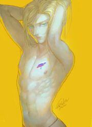 Rule 34 | 1boy, arms up, blonde hair, bodypaint, colored eyelashes, dated, flag print, green eyes, hands in hair, highres, jojo no kimyou na bouken, jojo pose, looking at viewer, male focus, navel, nipples, parody, russian flag, short hair, signature, simple background, solo, toned, topless male, upper body, yamyanm.k, yellow background, yuri!!! on ice, yuri plisetsky