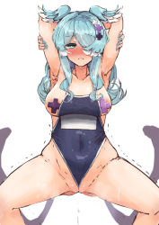 Rule 34 | 1girl, aqua eyes, aqua hair, armpits, blue nails, blue one-piece swimsuit, blush, dragon girl, elira pendora, head wings, highres, koutate, long hair, nail polish, nijisanji, nijisanji en, one-piece swimsuit, presenting armpit, school swimsuit, shaking, solo, sweat, swimsuit, tagme, undersized clothes, virtual youtuber, wings